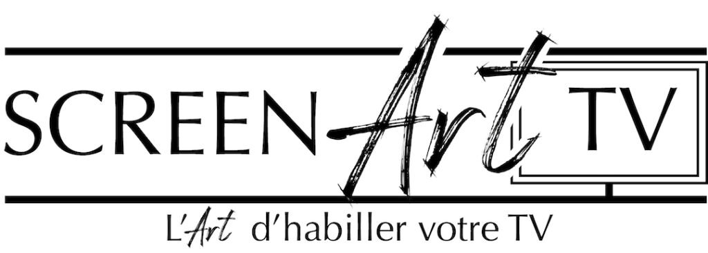 Logo pour Screen Art TV avec une police artistique de type script pour Art et le slogan ci-dessous en français : L'Art d'habiller votre TV. Un contour de télévision encadre le texte, parfait pour les amateurs de décoration. Devis gratuit disponible via votre courtier en travaux Lyon.
