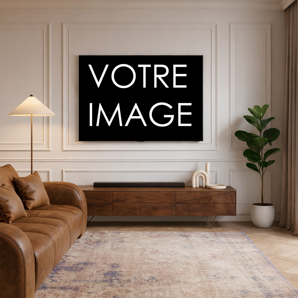 Un salon moderne avec un canapé en cuir brun, un buffet en bois, des touches de décoration élégantes, un lampadaire, une plante en pot et une grande œuvre d'art encadrée de noir affichant VOTRE IMAGE - une inspiration parfaite avant de demander votre devis gratuit.